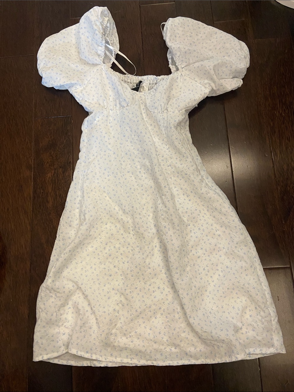 H&M White Midi Dress with Tiny Blue Floral Print and Puff Sleeves